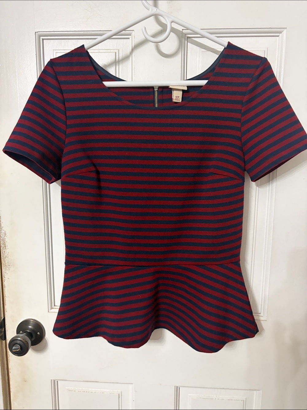 Merona Red & Navy Striped Peplum Top